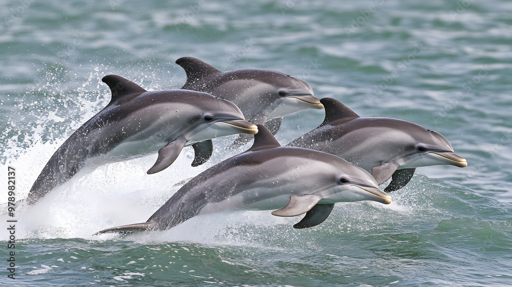 Obraz premium A pod of playful dolphins leaps joyfully through the crystal-clear, azure sea, their sleek bodies glistening in the sunlight