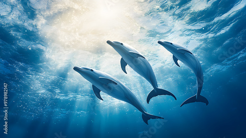 A pod of playful dolphins leaps joyfully through the crystal-clear, azure sea, their sleek bodies glistening in the sunlight