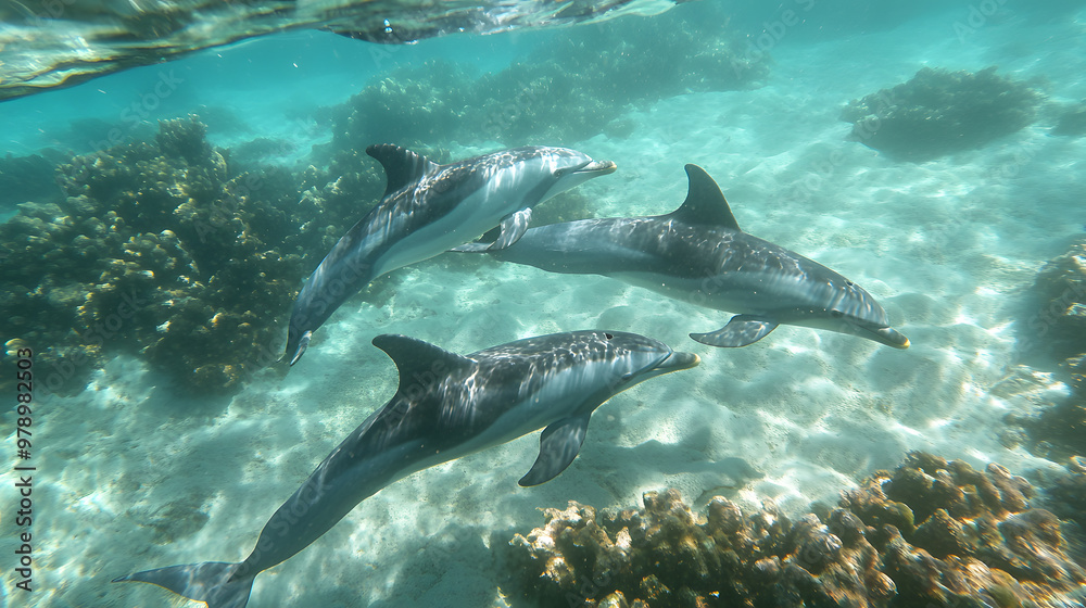 Obraz premium A pod of playful dolphins leaps joyfully through the crystal-clear, azure sea, their sleek bodies glistening in the sunlight