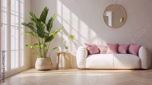 Minimalist Living Room Interior with White Sofa and Green Plant