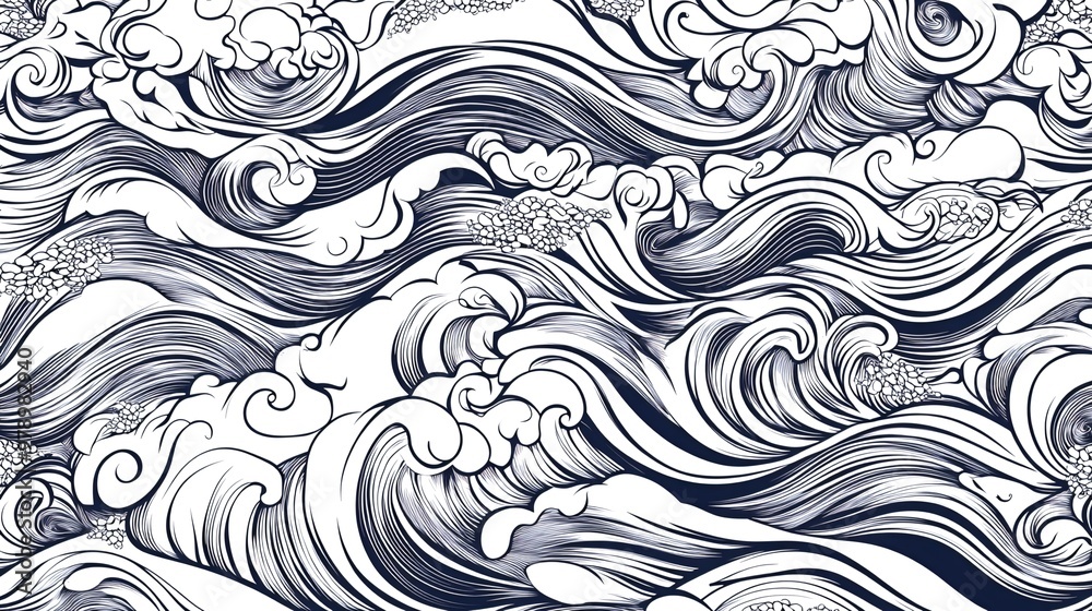 Seamless pattern with stylized waves and clouds in black and white. Seamless pattern with stylized waves and clouds in black and white.