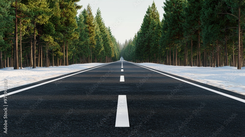 Fototapeta premium Serene Winter Road Through Evergreen Forest