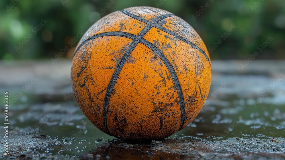 Worn Basketball on Wet Pavement Worn Basketball on Wet Pavement