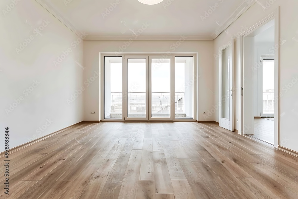 Interior of empty spacious living room with white walls and laminated floor with doors leading to balcony Interior of empty spacious living room with white walls and laminated floor with doors leading to balcony
