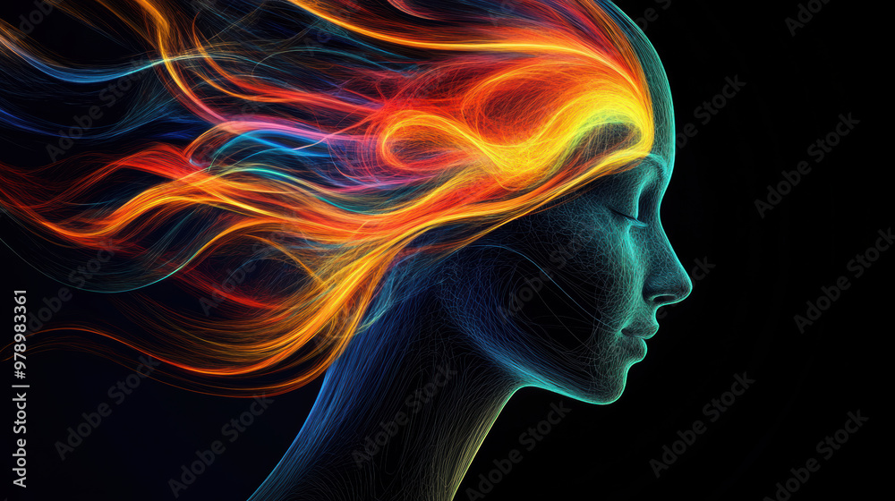 A vibrant abstract representation of womans head filled with colorful flowing lines, symbolizing creativity and emotion. dynamic colors evoke sense of energy and inspiration A vibrant abstract representation of womans head filled with colorful flowing lines, symbolizing creativity and emotion. dynamic colors evoke sense of energy and inspiration