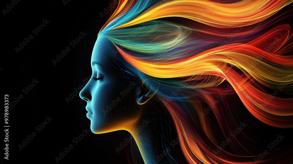 A vibrant abstract representation of womans profile, featuring flowing hair in bright colors like red, orange, and blue against dark background. image evokes sense of creativity and energy A vibrant abstract representation of womans profile, featuring flowing hair in bright colors like red, orange, and blue against dark background. image evokes sense of creativity and energy