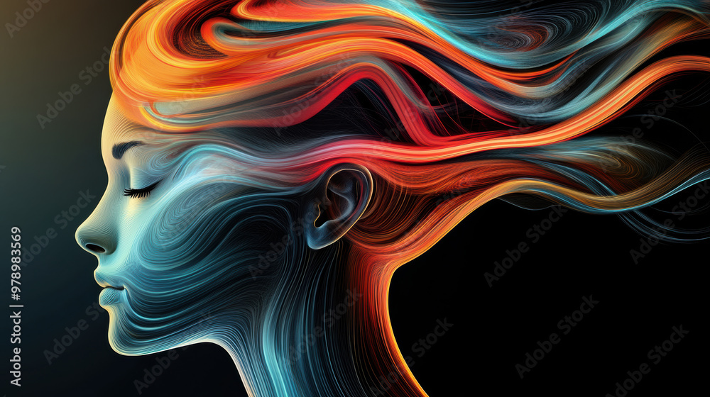 A vibrant abstract representation of womans profile, featuring flowing lines in shades of blue and orange, symbolizing creativity and emotion. dynamic movement of hair like forms evokes sense of freed
