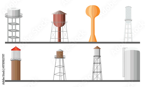 Different Styles of Water Towers, Flat Illustrations