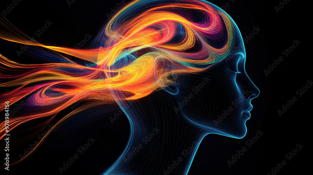 image features an abstract representation of head filled with vibrant, flowing colors that resemble hair, symbolizing creativity and imagination image features an abstract representation of head filled with vibrant, flowing colors that resemble hair, symbolizing creativity and imagination