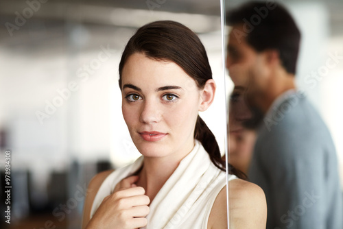 Wallpaper Mural Portrait, career and businesswoman with pride in office, professional job and planning for startup. Female designer and ambitious by colleague for creative agency, occupation and glass reflection Torontodigital.ca