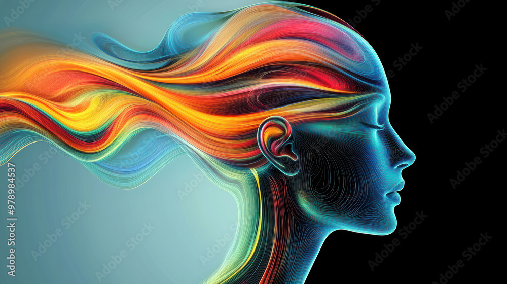 A vibrant abstract representation of womans profile, showcasing flowing hair in vivid colors like orange, red, and blue, symbolizing creativity and emotion A vibrant abstract representation of womans profile, showcasing flowing hair in vivid colors like orange, red, and blue, symbolizing creativity and emotion