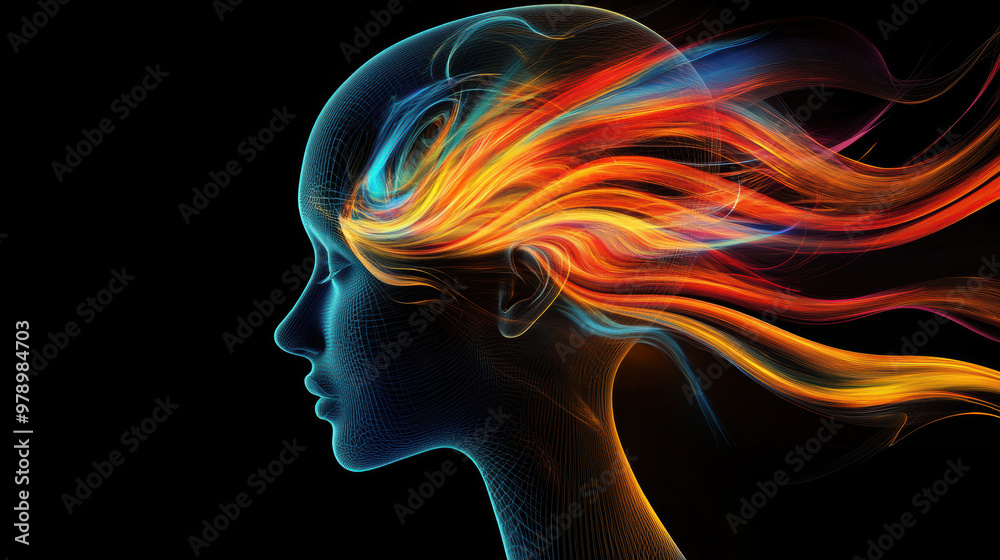 image features an abstract representation of head filled with vibrant, flowing colors that resemble hair, symbolizing creativity and energy image features an abstract representation of head filled with vibrant, flowing colors that resemble hair, symbolizing creativity and energy