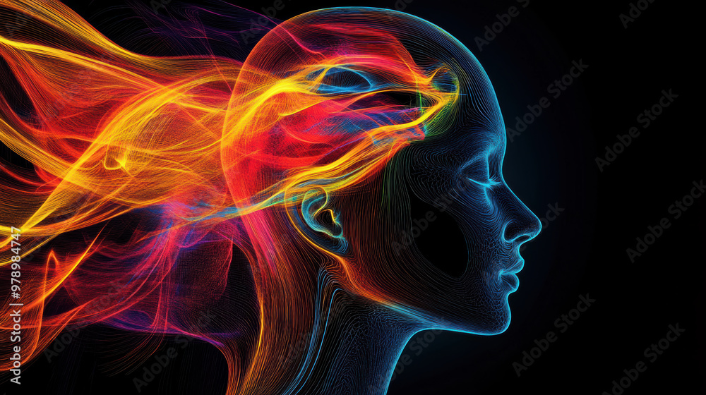 A vibrant abstract representation of head filled with colorful flowing lines, symbolizing creativity and emotion. dynamic colors evoke sense of energy and movement A vibrant abstract representation of head filled with colorful flowing lines, symbolizing creativity and emotion. dynamic colors evoke sense of energy and movement