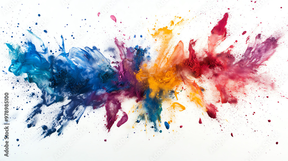 Fototapeta premium Abstract colorful paint splatters on a white background.