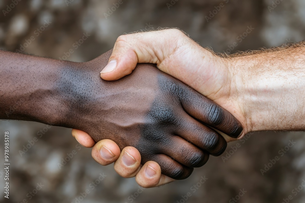 Fototapeta premium A powerful image of two hands shaking, one with lighter skin and the other with darker skin, symbolizing mutual respect, friendship, unity, and cooperation across differences.