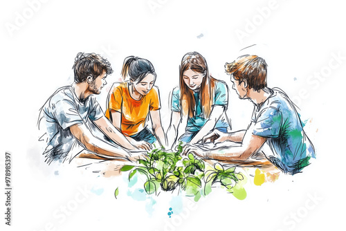 Young ecologists collaborating on a sustainable project, watercolor image isolated on white background  photo