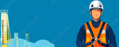 Factory worker with safety harness and fall protection, flat design illustration