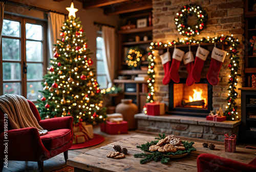 Cozy Christmas Living Room: Festive Decor for Holiday Marketing, Cards, and E-commerce Backgrounds