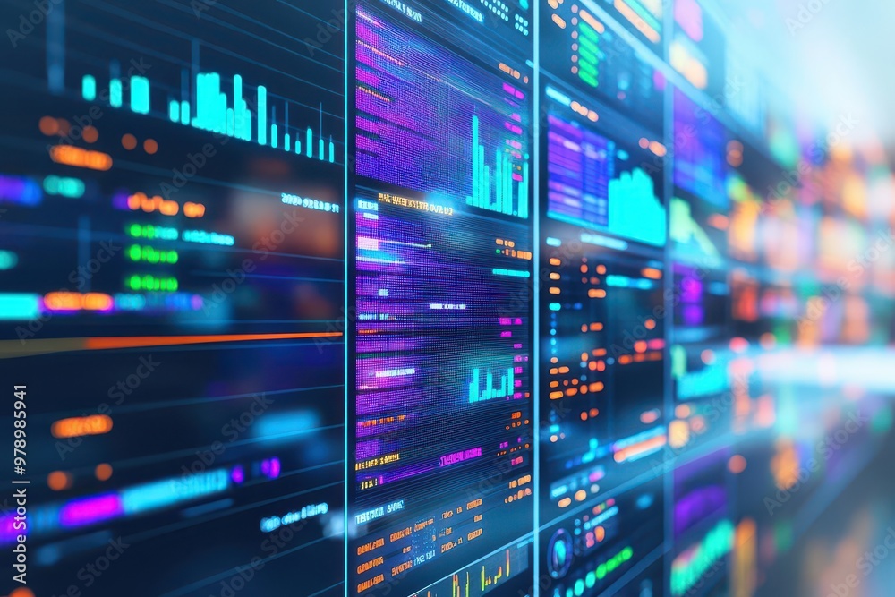 A futuristic control room filled with screens showing sales data, trends, and AIgenerated business forecasts in bright colors A futuristic control room filled with screens showing sales data, trends, and AIgenerated business forecasts in bright colors