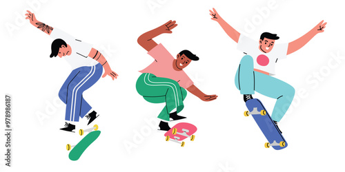 Three diverse males performing tricks on skateboards. Riding on longboard. Hand drawn isolated vector illustration