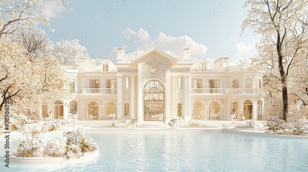 Fototapeta premium Luxury Villa with Swimming Pool and White Trees