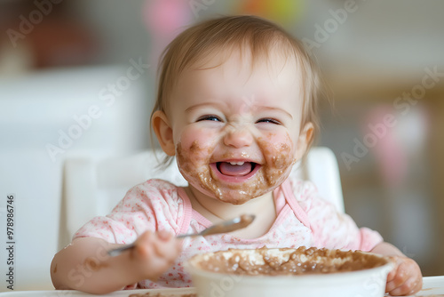 A close-up of a laughing baby girl with a messy face, happily eating with a spoon. Her eyes sparkle with joy, and food is smeared across her cheeks and chin