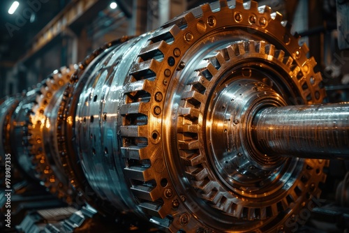 Close-up view of a large industrial turbine in a factory setting showcasing intricate details and machinery during daylight