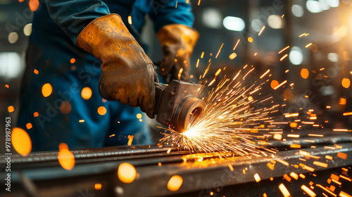 Glowing sparks from a metal grinder in a shipyard, laborintensive and full of industrial energy, shipyard metal sparks, performance in labor photo