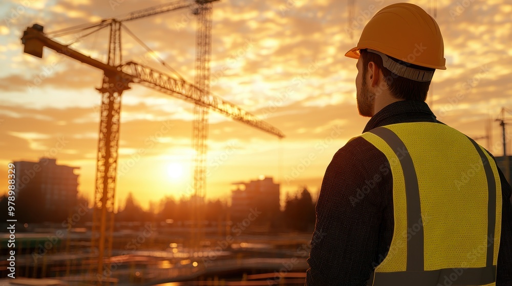 Construction Worker Sunset Silhouette with Crane in Background Construction Worker Sunset Silhouette with Crane in Background