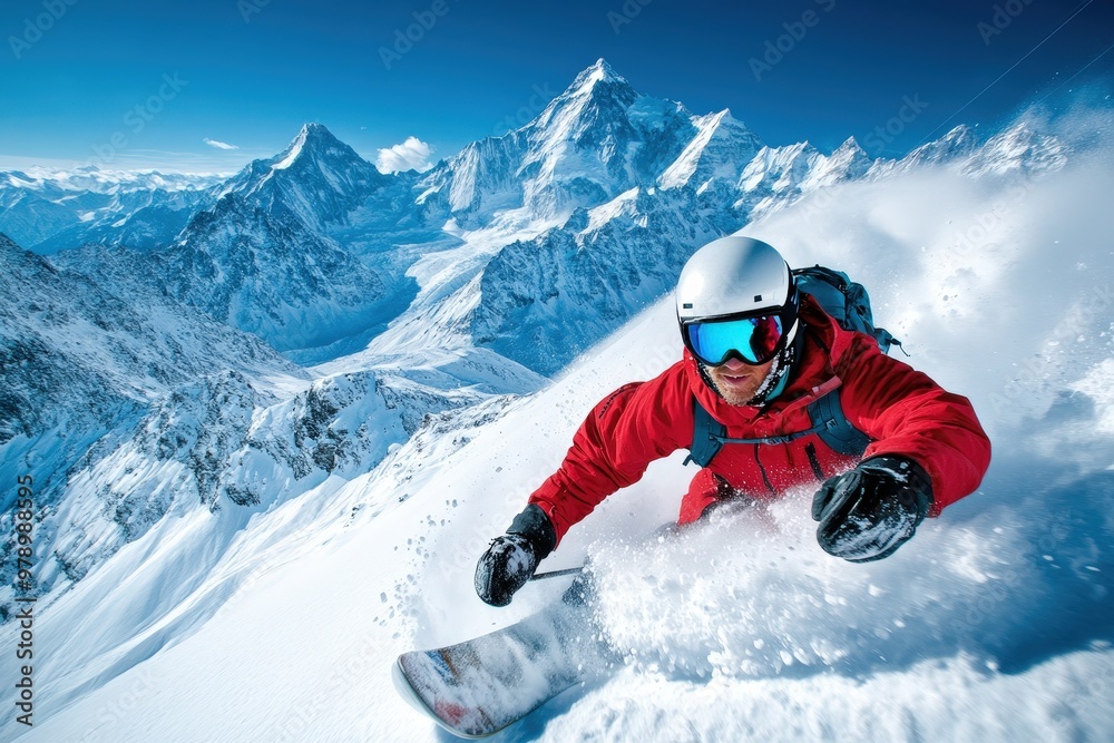 A snowboarder wears a red jacket while navigating down a steep snowy slope, with a panoramic view of majestic snow-covered mountains in the background, capturing adventure and exhilaration. A snowboarder wears a red jacket while navigating down a steep snowy slope, with a panoramic view of majestic snow-covered mountains in the background, capturing adventure and exhilaration.