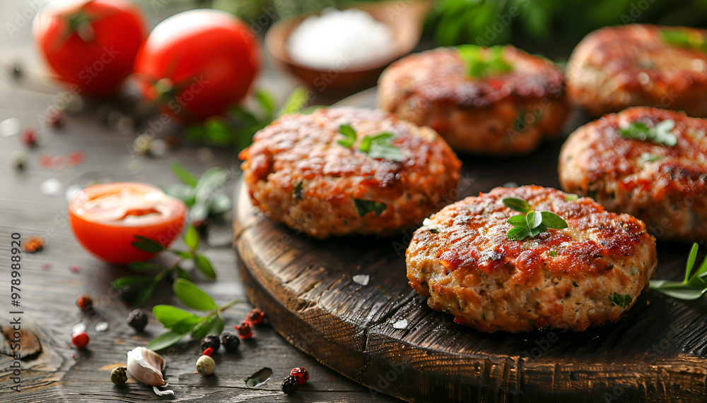 Tasty vegan cutlets served on wooden table, closeup Tasty vegan cutlets served on wooden table, closeup