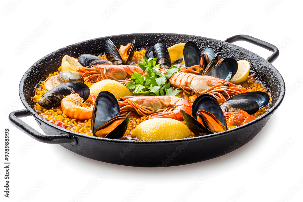 Aromatic seafood paella in dark pan isolated on white background Aromatic seafood paella in dark pan isolated on white background