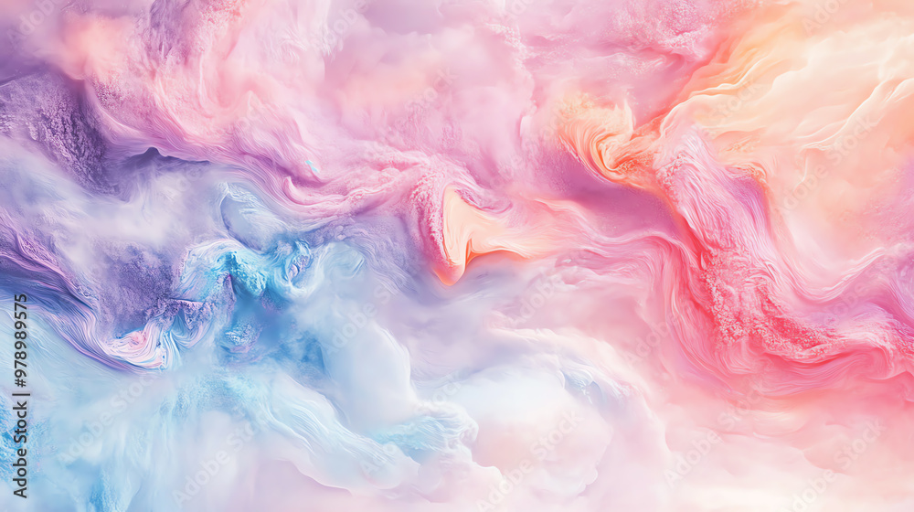 Abstract swirl of pastel pink, blue, and orange colors, resembling clouds or smoke. Abstract swirl of pastel pink, blue, and orange colors, resembling clouds or smoke.
