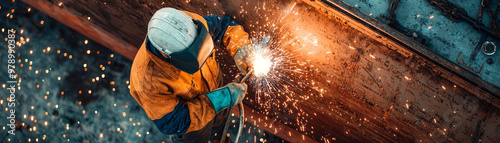 Overhead shot of a worker repairing a ship hull, welding sparks lighting up the dockyard, ship repair sparks, labor and skill