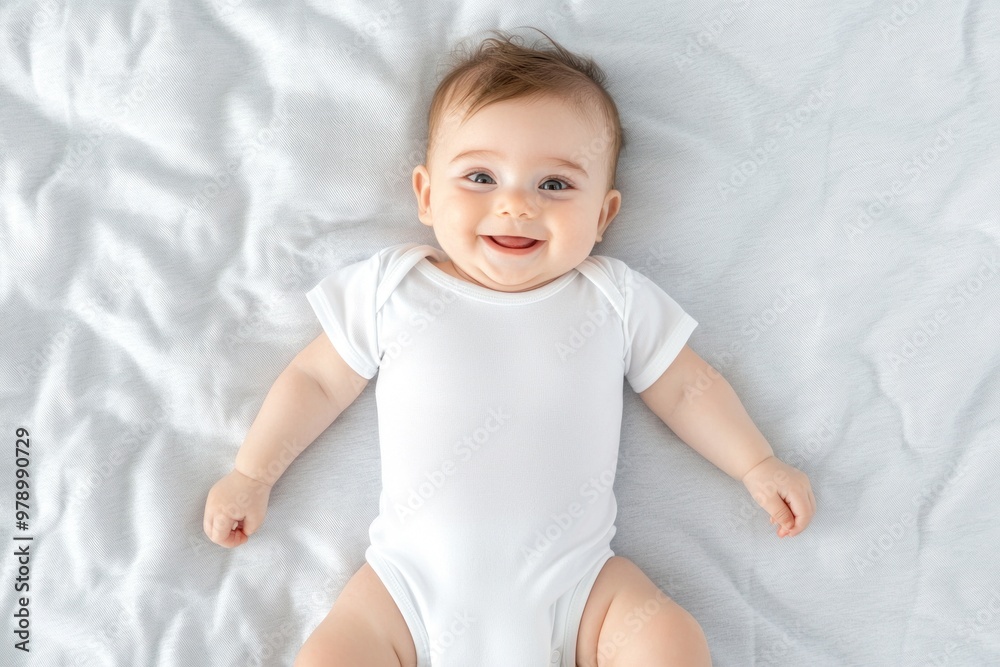 Happy baby lying on a soft white blanket in a white onesie Happy baby lying on a soft white blanket in a white onesie