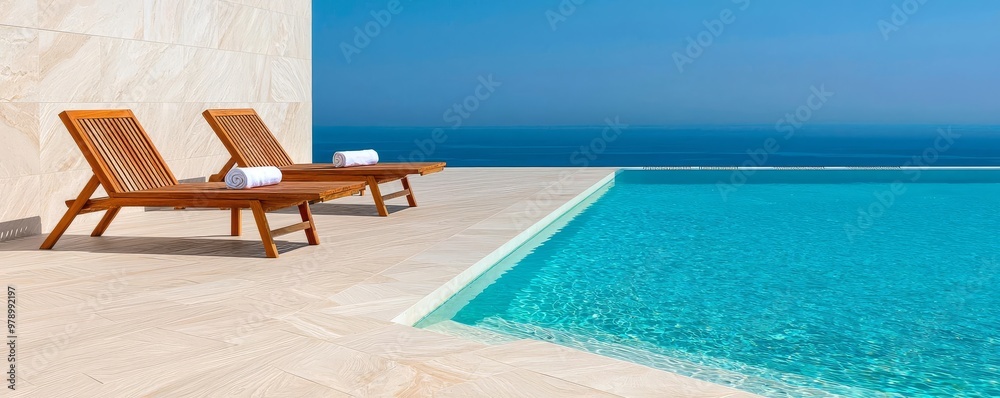 Teak wood lounge chairs by a swimming pool, luxury relaxation, modern ...