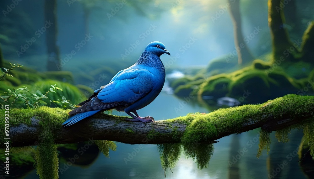 Fototapeta premium Pigeon bird on a branch, blue pigeon on branch with moss, background a forest and a river, fog pigeon birds on a water 