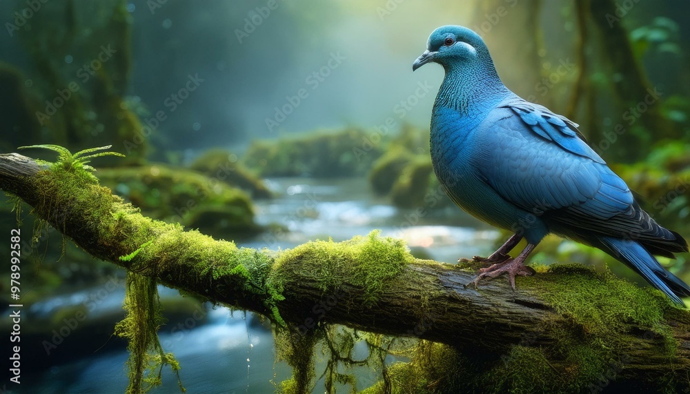 Fototapeta premium Pigeon bird on a branch, blue pigeon on branch with moss, background a forest and a river, fog pigeon birds on a water 