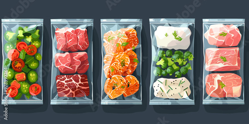 A series of plastic bags with different types of food inside. The bags are arranged in a row, with the first bag containing broccoli and the last bag containing meat