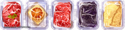 A collection of meat and fruit in plastic containers