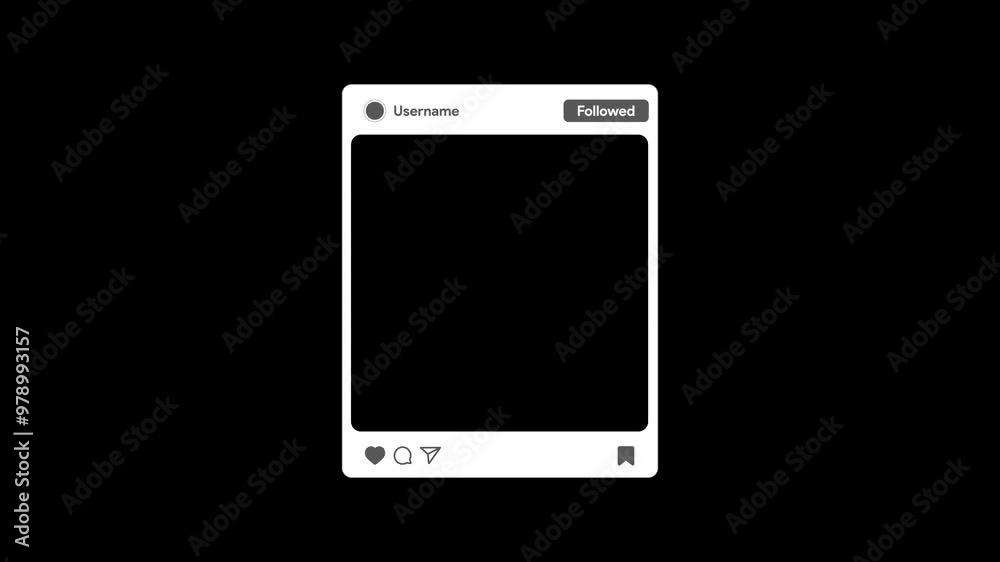 Social media post template. Instagram, x publication mock-up. Twitter like, share, comment, save icon. Blog banner frame animation. Follow button click. 4K Mov Alpha Video with transparent background