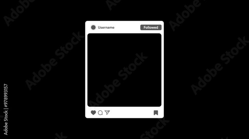 Social media post template. Instagram, x publication mock-up. Twitter like, share, comment, save icon. Blog banner frame animation. Follow button click. 4K Mov Alpha Video with transparent background