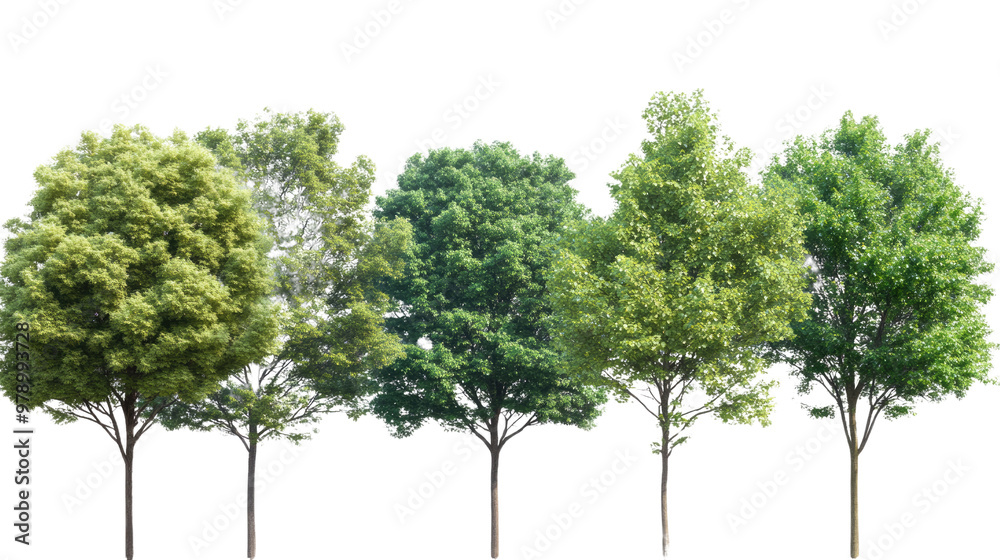 Obraz premium A tall green tree isolated on a white background with a clear view of its leaves and trunk