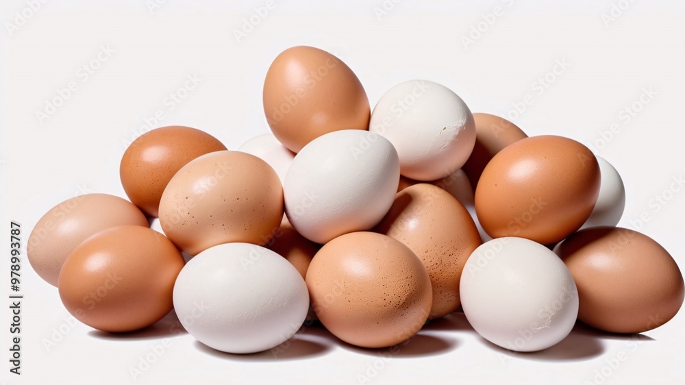 A group of brown and white eggs on a white background. A group of brown and white eggs on a white background.