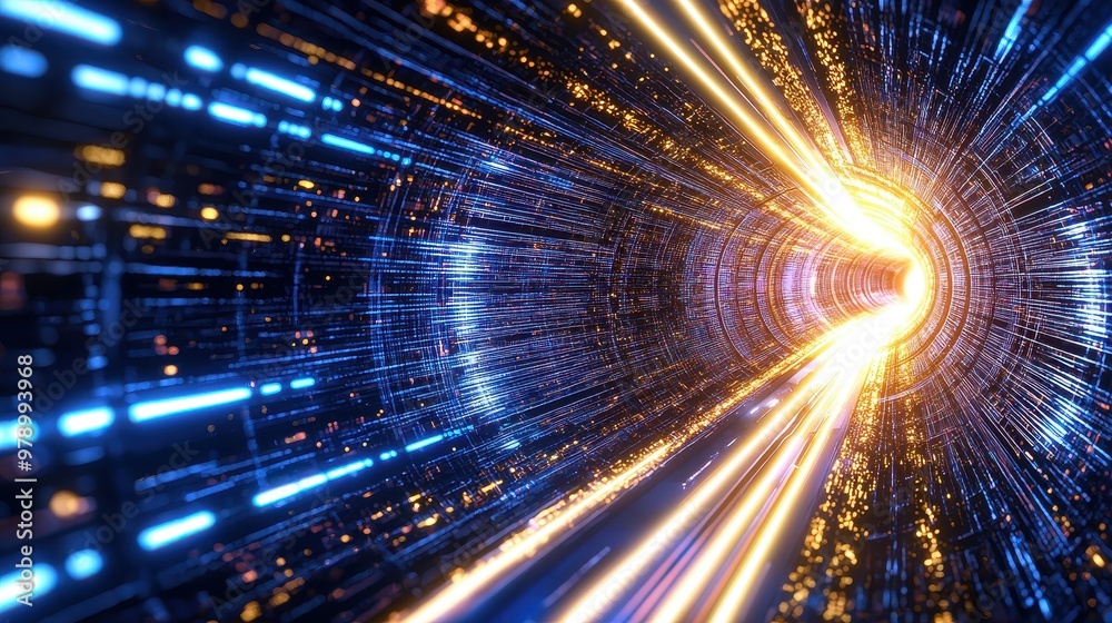 Abstract Futuristic Tunnel with Neon Lights and Digital Particles