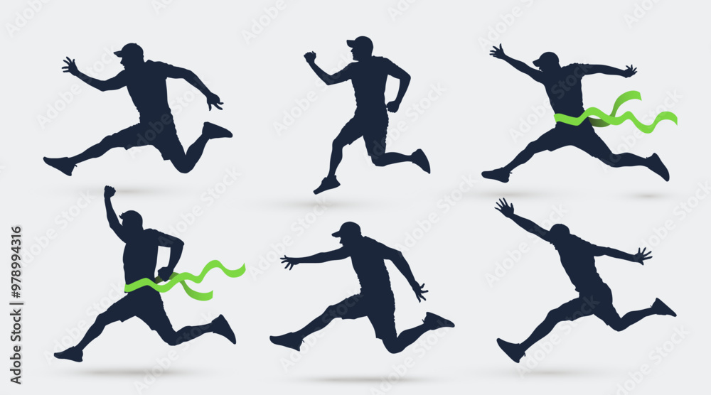 Set of runner icons. Vector running people black silhouette. Winner with finishing tape. Active sport logo collection. Isolated run competition Illustration. Running man took first place illustration. Set of runner icons. Vector running people black silhouette. Winner with finishing tape. Active sport logo collection. Isolated run competition Illustration. Running man took first place illustration.