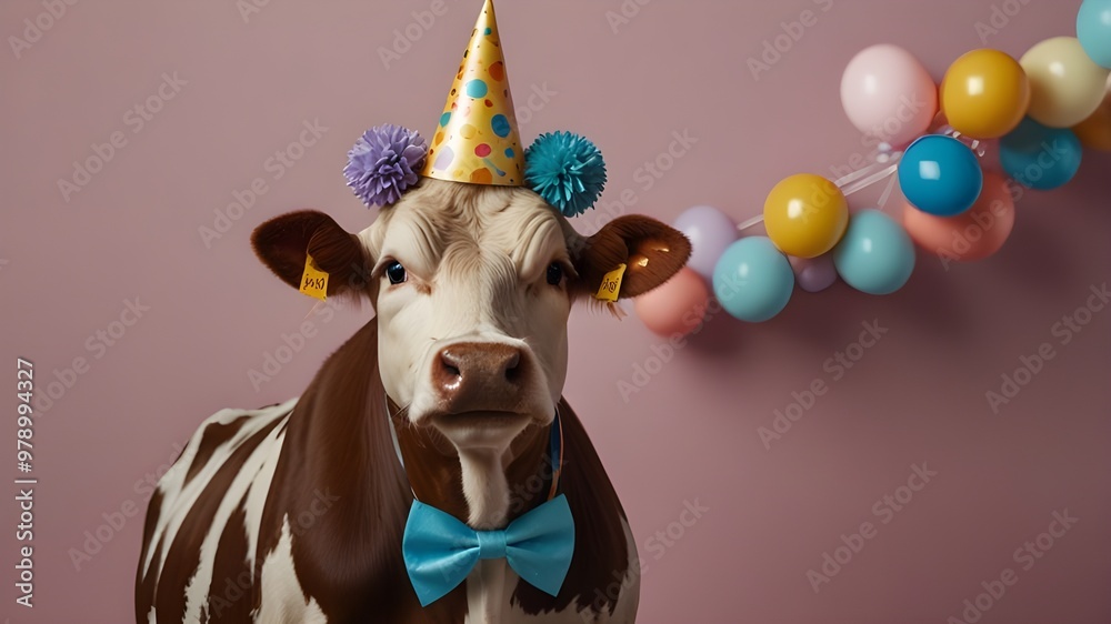 Naklejka premium Creative animal concept. cow in party cone hat necklace bowtie outfit isolated on solid pastel background advertisement, copy text space. birthday party invite invitation