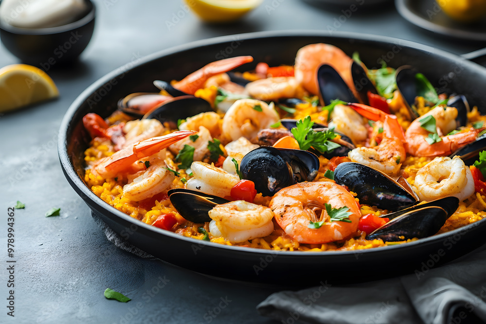 Aromatic seafood paella in a dark, rustic pan commercial advertising photo Aromatic seafood paella in a dark, rustic pan commercial advertising photo