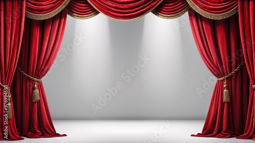 Red velvet curtains with gold trim and tassels framing a white stage.