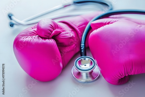 Pink boxing gloves paired with a stethoscope symbolizing health and fitness. Medical and sports concept